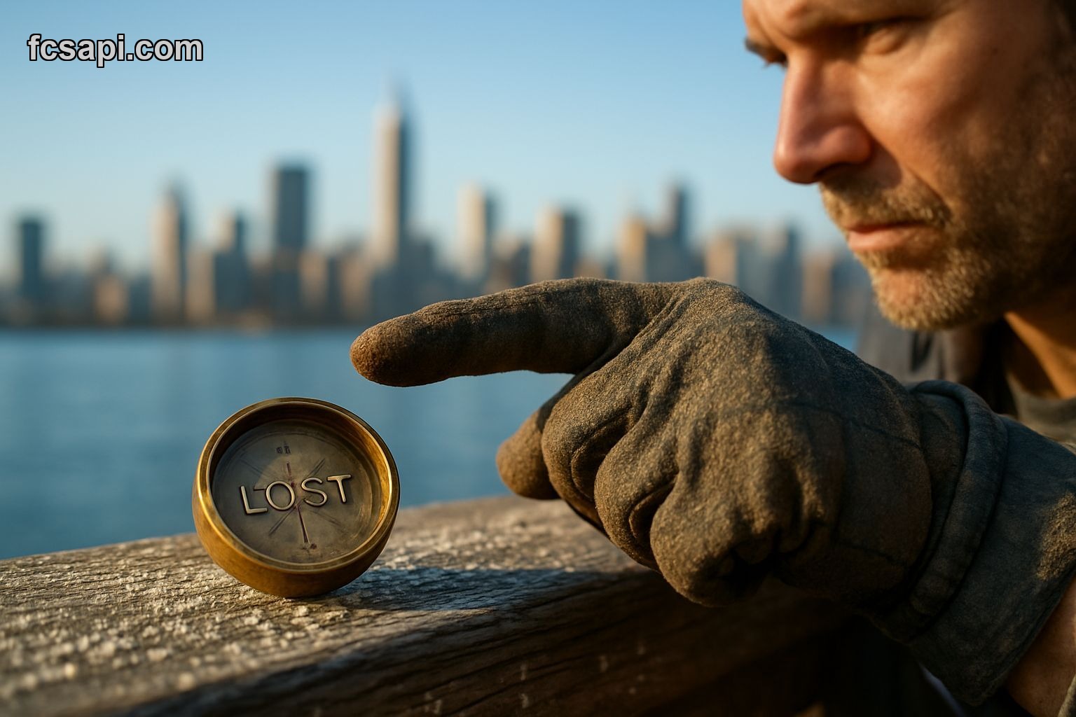 Hand pointing at brass compass with "LOST?" etched, city skyline background.