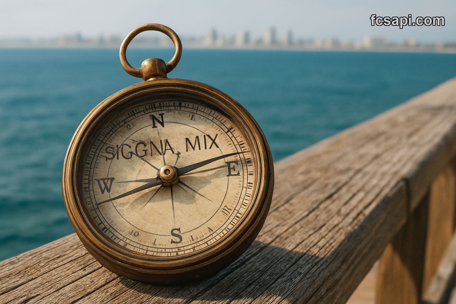 Brass compass with NVDA signal mix text, ocean city background.