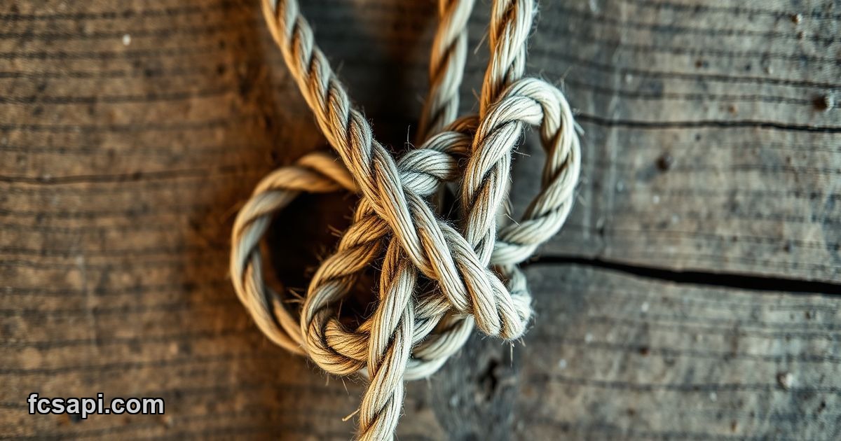Close-up of two tangled, pulling ropes in a knot on wood.