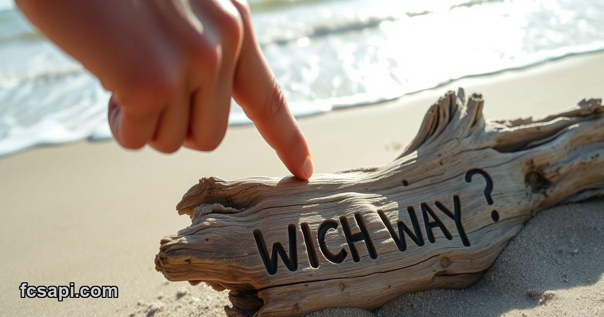 Person pointing at question mark, "Which Way?" carved on wood on a beach.