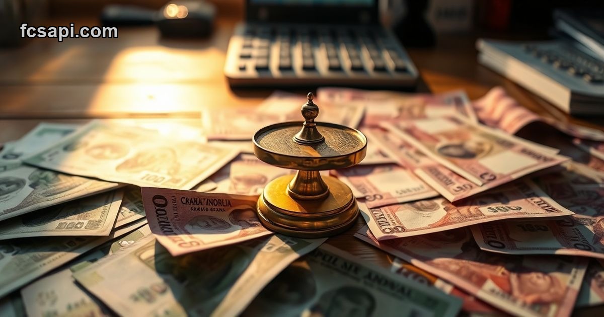 Omani Rial and Pakistani Rupee banknotes on desk with brass scale showing OMRPKR rate