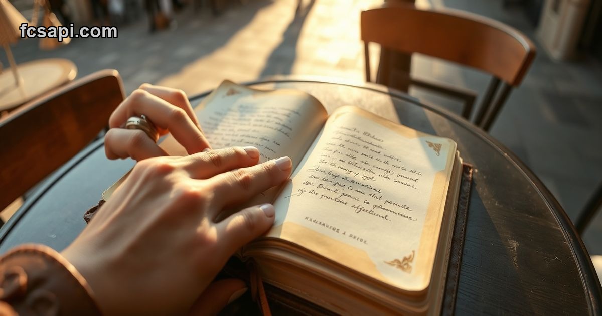 Hand pointing at "WHICH WAY?" text on a worn leather journal on a sunlit cafe table.