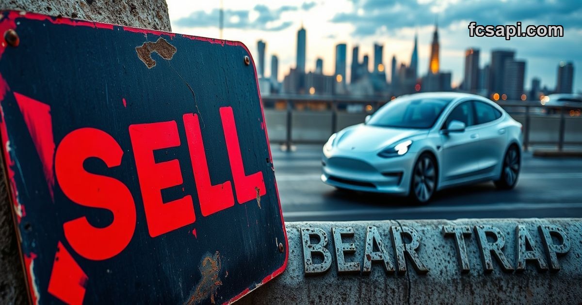 Weathered "SELL" sign with Tesla, Inc. against city.