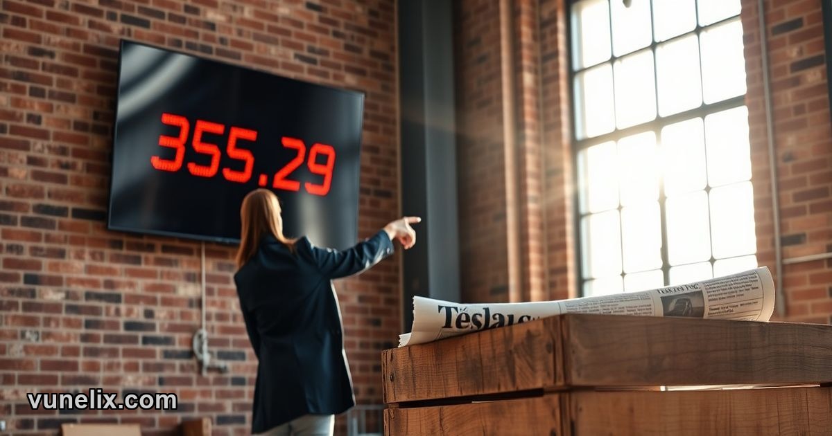 Woman pointing at Tesla, Inc. price forecast display showing $355 trading level