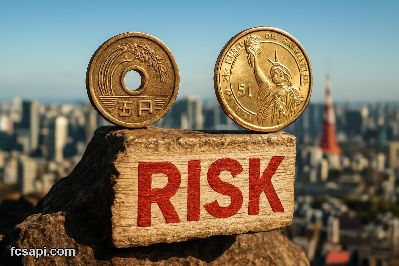 USDJPY coins on rock, Tokyo skyline, "RISK" text.