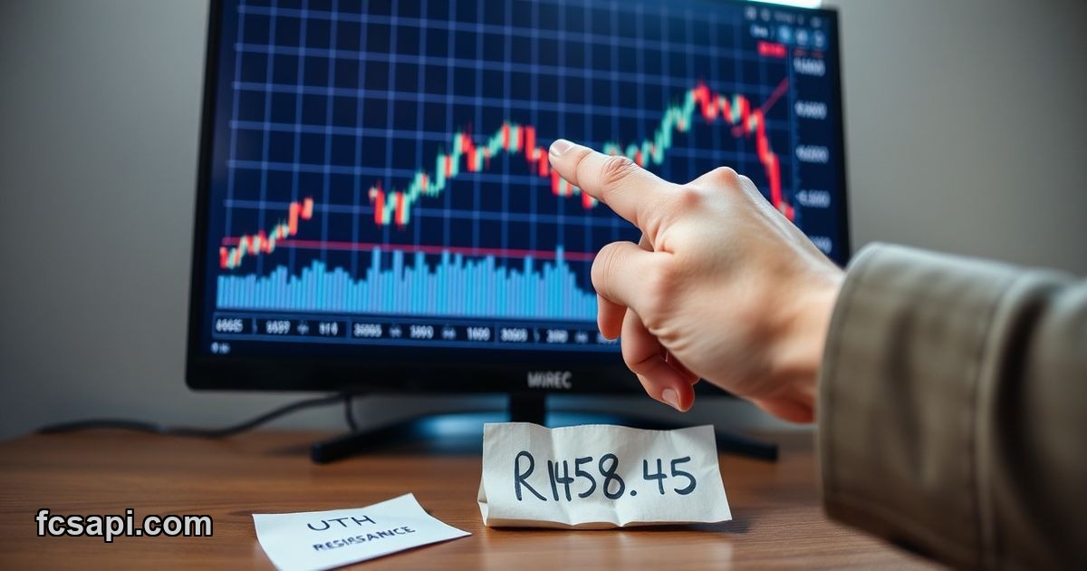 Hand pointing at UTH price breaking resistance on a chart.