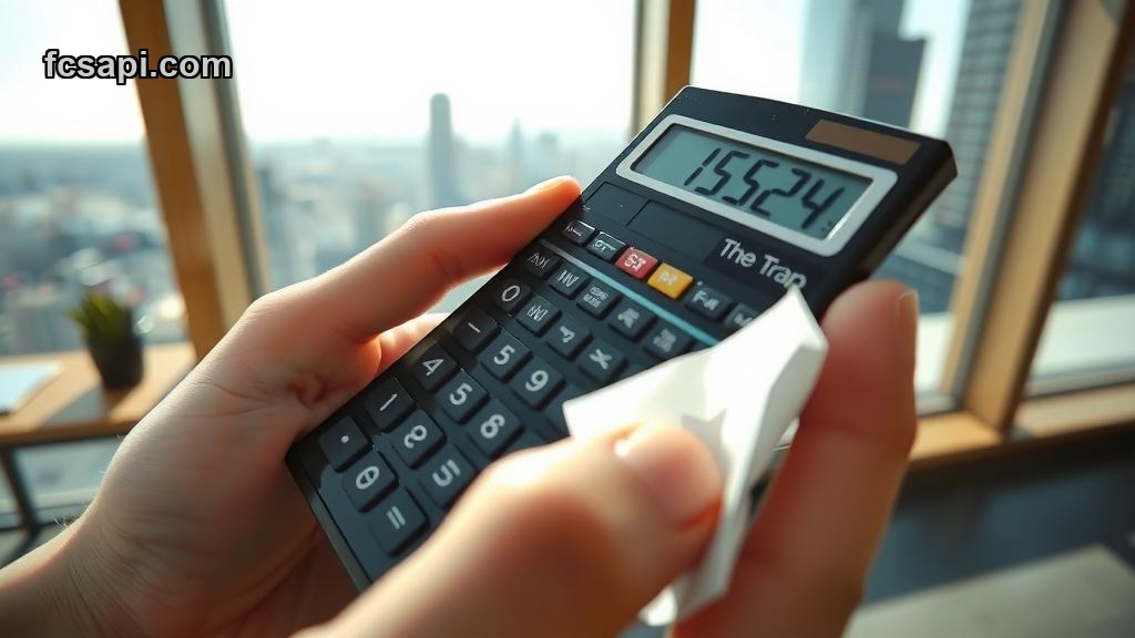 Person's hands with calculator, "11524: The Trap" note, city skyline.