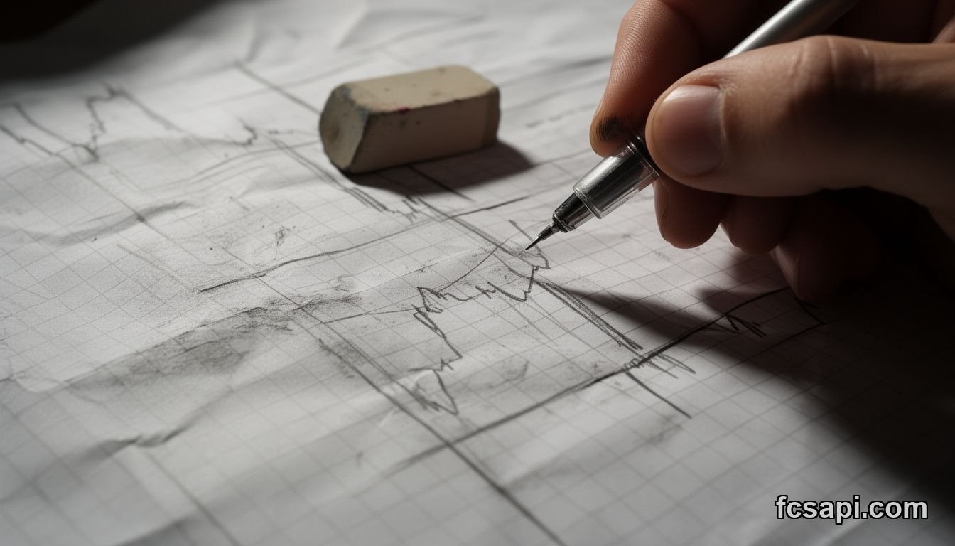 Hand drawing pivot points on crumpled graph paper.