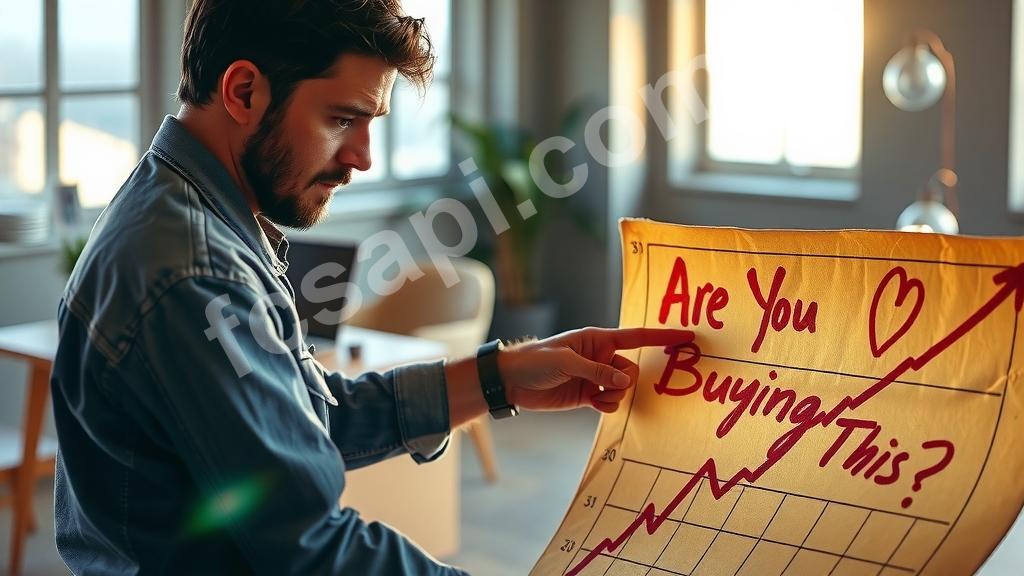 Man pointing at handwritten financial chart with "Are You Buying This?" text.