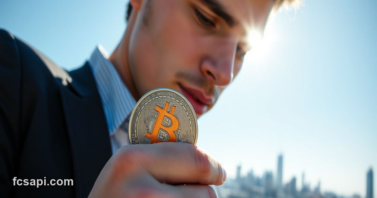 Trader inspecting Bitcoin coin with "SELL!" text overlay, city background.