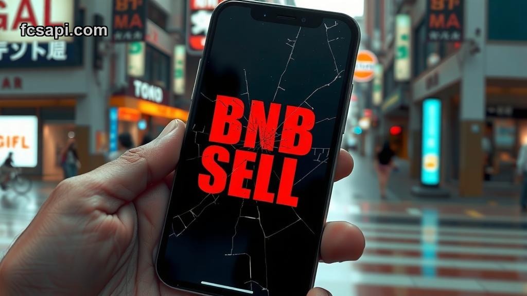 BNB sell signal on cracked phone screen in Tokyo.
