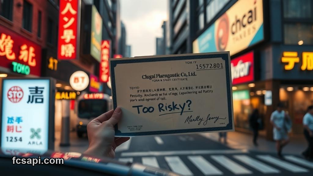 Hand holding Chugai Pharmaceutical Co., Ltd. stock certificate, "Too Risky?" handwritten.