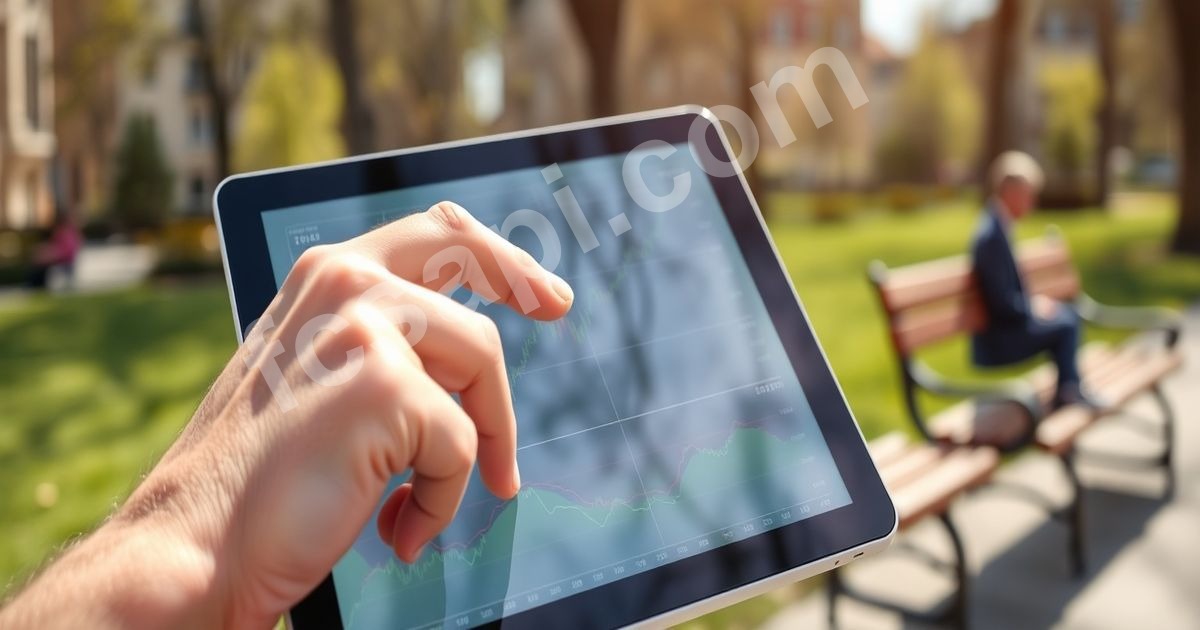 Hand interacting with financial data on a tablet.