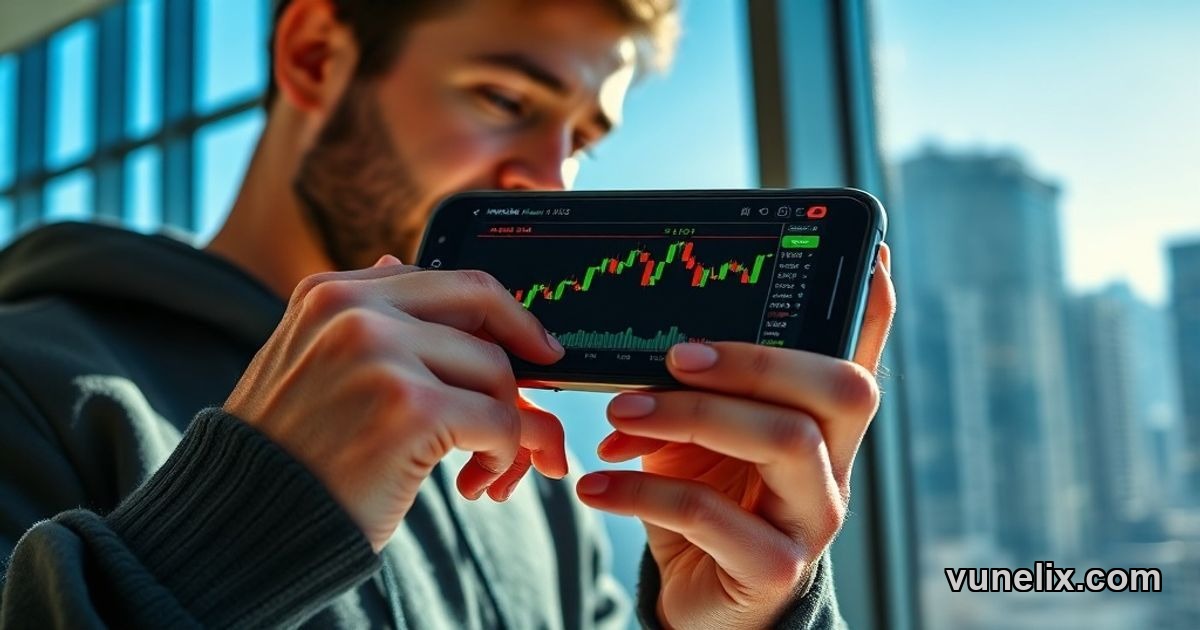 Developer analyzing NVDA technical analysis signals on smartphone with city skyline background