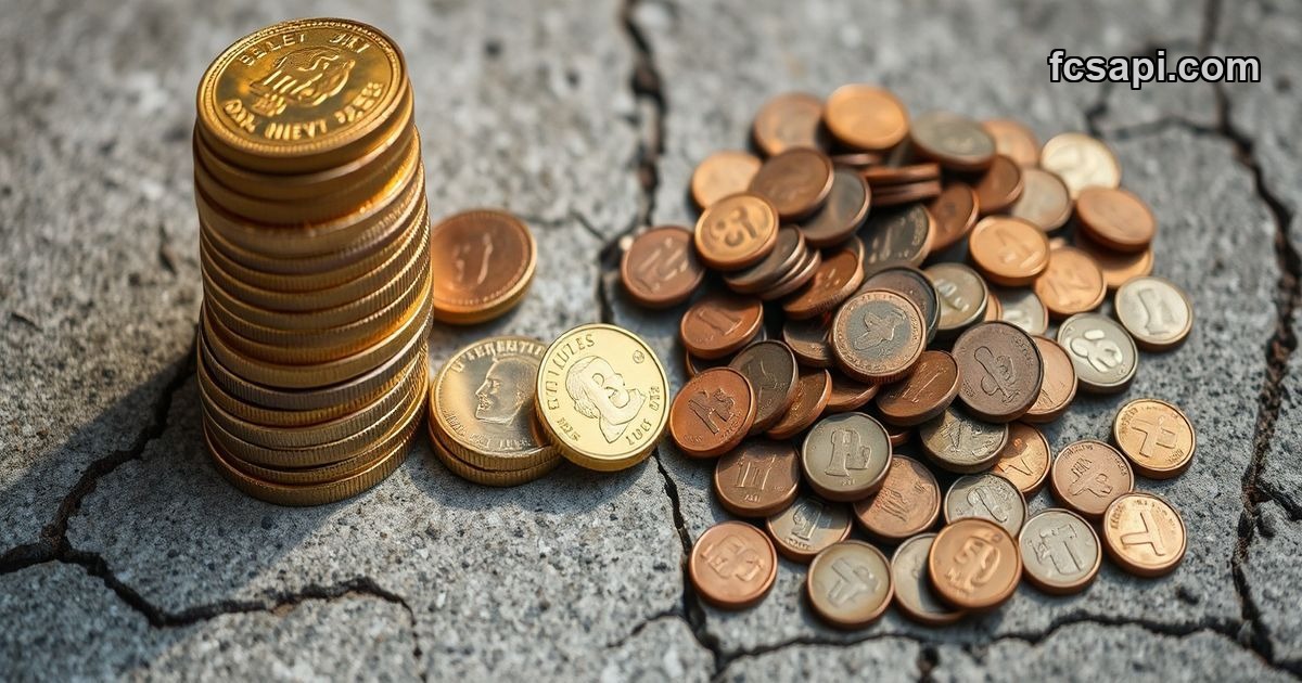 Gold coins and copper pennies representing market highs and lows.