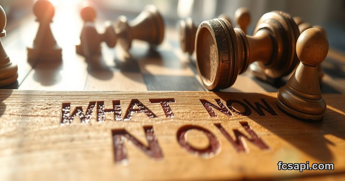 Worn chessboard with "WHAT NOW?" etched, symbolizing market confusion.