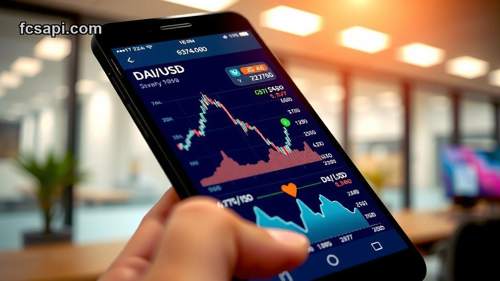 Smartphone showing DAI/USD crypto price chart.