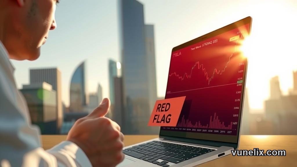 Tesla stock chart showing decline with ocean boardwalk background