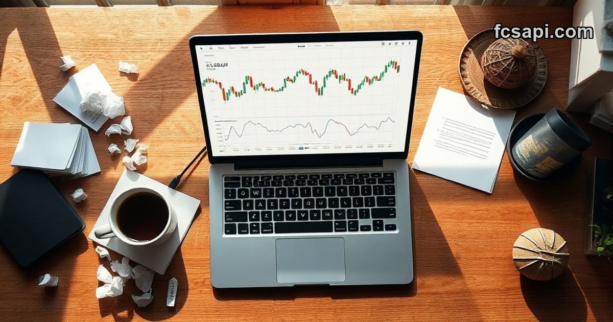 Flat lay of a trading desk, laptop showing USD/HUF chart, representing market volatility.