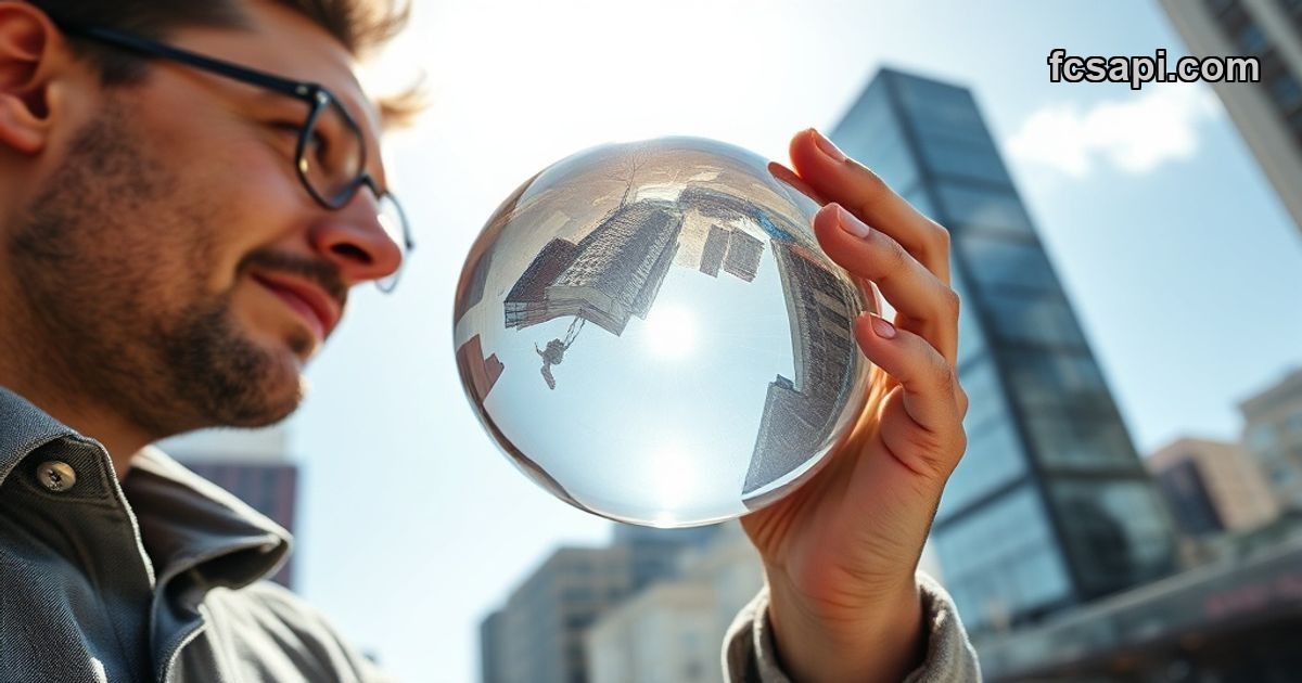 Person holds glass sphere reflecting city, text "CONFLICTING SIGNALS" on acrylic block, analyzing USD/HUF price forecast.