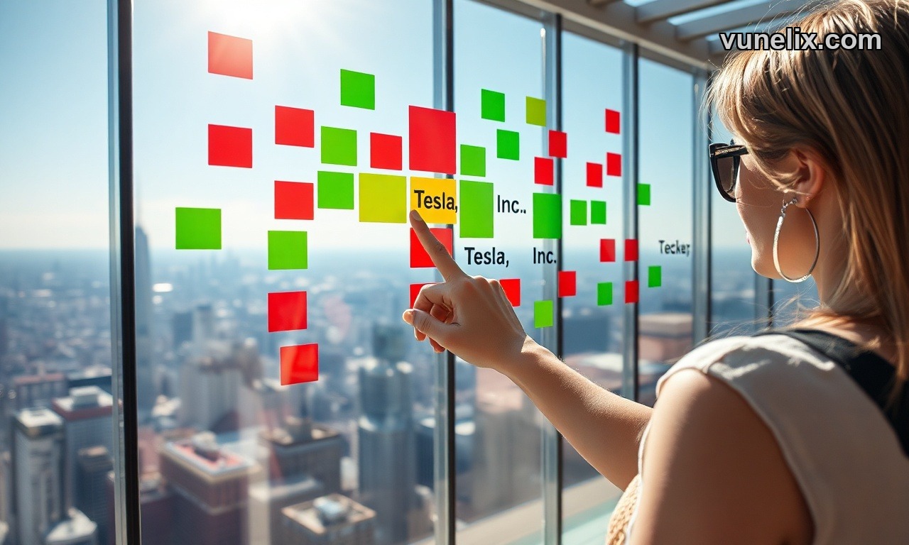 Woman pointing at Tesla, Inc. stock heatmap with city skyline