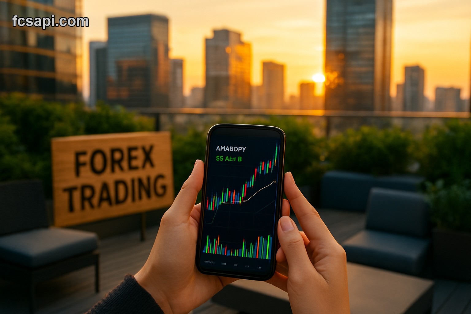 Developer checking AUD/JPY forex rates on smartphone with city skyline background