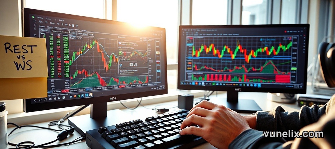 Developer workspace showing WebSocket crypto price feeds on dual monitors
