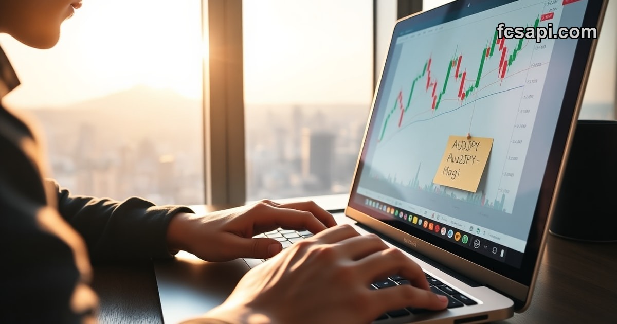 Developer analyzing AUD/JPY forex technical indicators on laptop in Tokyo