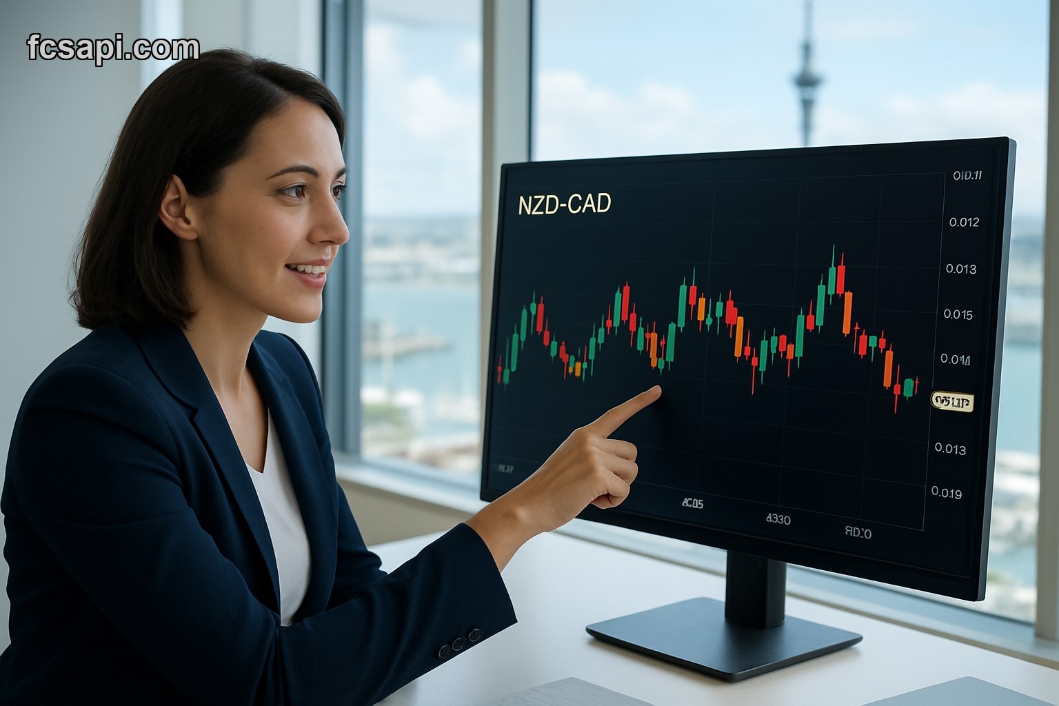 Travel agent analyzing NZD CAD exchange rates on monitor in Auckland office
